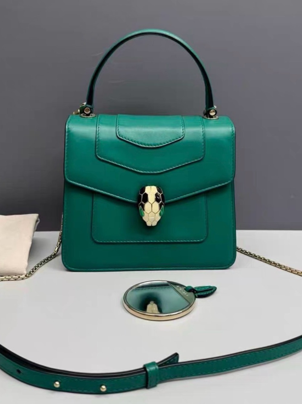 Bulgari Green Leather Top-Handle Satchel with Serpent Head Closure